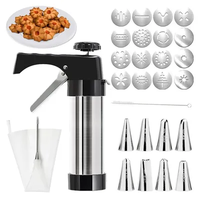 Produktbild von Gebäckpresse für Spritzgebäck Edelstahl Spritzgebäck Presse mit 16 Schablonen, 8 Tüllen, TPU-Rahmenbeutel und Reinigungsbürste Plätzchenpresse