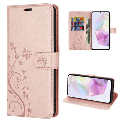 Collage of a rose gold flip phone case with a floral design, showing the case closed, open with cards and cash, and open as a stand.