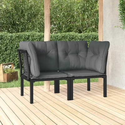 Produktbild von 2 Garten-Eckstühle mit Kissen in Schwarz und Grau aus robustem Poly-Rattan und Stahl für Terrasse, Balkon und Außenbereich