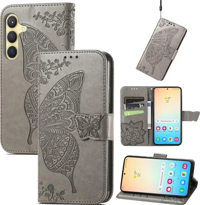 Obrázek produktu pro Pro Samsung Galaxy S25 Plus 5G Syntetická kůže Peněženka Pouzdro na mobilní telefon Butterfly Design Kryt Pouzdra Grey