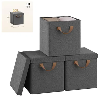 Produktbild von Kleideraufbewahrungsboxen - Faltbare Stoffboxen mit Deckel - 3er-Set - 20 l - Grau - Vliesstoff