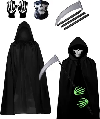 Imagen del producto de Disfraz de Sensenmann para adultos, que incluye capa negra, guantes con motivos de calavera y máscara de calavera, ideal para Halloween