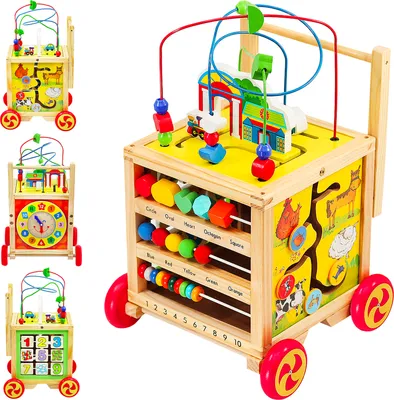 A collage of a wooden baby walker with various educational toys and activities.