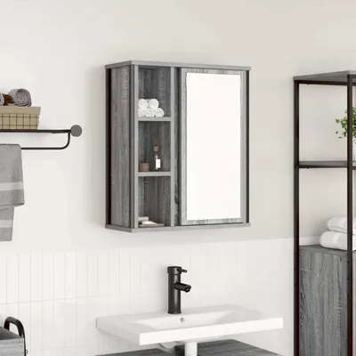 A bathroom scene with a wall-mounted cabinet with a mirror and shelves, a sink with a faucet, and a shelving unit.
