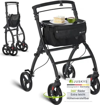 Produktbild von Juskys Indoor Rollator Aktiv - Tasche & Tablett - schmal & faltbar - Schwarz