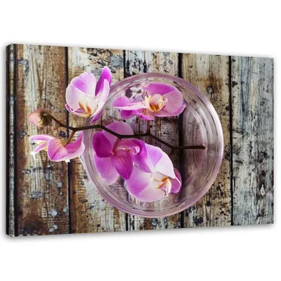 Produktbild von Leinwandbild orchidee auf einem hintergrund aus brettern 120x80 cm Feeby rosa wandbild bereit zum aufhängen