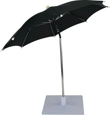 A black table umbrella with a silver pole and a white square base, isolated on a white background.