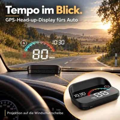 Produktbild von GPS Head-Up-Display Auto – Digitaler Tacho mit km/h & mph, Uhrzeit, Kompass, Fahrzeit, Tempowarnung & automatischer Helligkeit – Schwarz