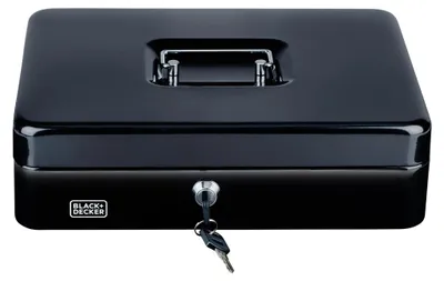 Obrázok produktu pre BLACK+DECKER pokladnička so 4 priehradkami a triedičom mincí 30,5 x 8,5 x 24 cm vrátane 2 kľúčov Kovová čierna