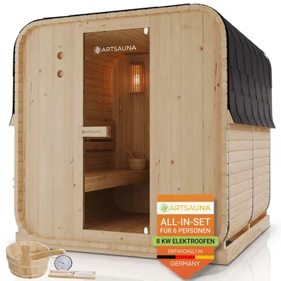 Produktbild von Artsauna Fasssauna Nolvik XL, mit 8 kW Ofen & Zubehör für Garten, Cube Design