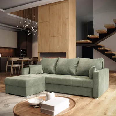 Produktbild von Masseno Ecksofa NIDA mit Schlaffunktion L-Form, Sofa mit Bettkasten, Wohnzimmersofa, Couch, Soffa, Bettsofa, Couchgarnitur- Grün, INARI 34