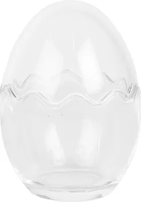 A clear glass jar shaped like an egg with a wavy opening.