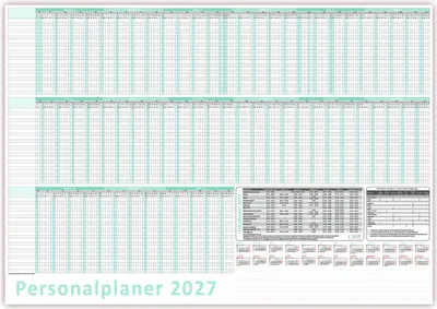 Produktbild von Urlaubsplaner/Personalplaner 2027 nass abwischbar mit Folienkaschierung - DIN B2 Format (700 x 500 mm) 22 Mitarbeiter Januar bis März Folgejahr mit Schulferien (gerollt!)