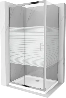 A modern shower enclosure and tray, presented in a clean, studio-like setting with marble-effect walls.