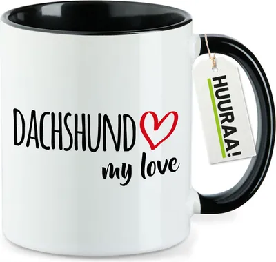 Produktbild von Huuraa Kaffeetasse Dachshund my love 330ml Schwarz Keramik Kaffeebecher Geschenkidee