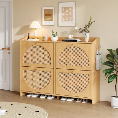 Image de Armoire à chaussures Merax avec 4 portes battantes et 8 compartiments, meuble d'entrée avec étagères à chaussures, crochets et portes en rotin, armoire de rangement en panneaux MDF, bois naturel