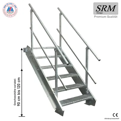 Produktbild von 6 Stufen Stahltreppe beidseitig. Geländer Breite 120cm Geschosshöhe 90-120cm