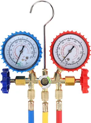 Produktbild von 3-Wege-AC-Verteilermanometer-Set für Kältemittel R134A, R410A, R404A, mit Schnellkupplungen, 410-Adapter, Durchstechdosenhahn, Ventilkernwerkzeug