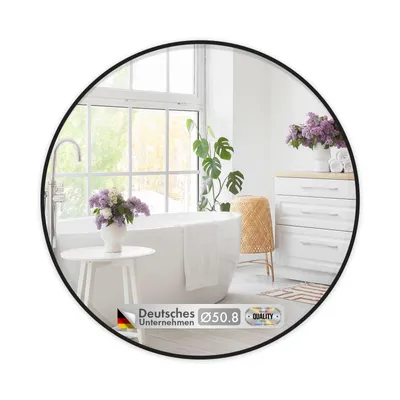Produktbild von Wandspiegel Schwarz, Ø 50 cm Spiegel rund mit schwarzem Rahmen aus Aluminiumlegierung, WC Spiegel, Bella