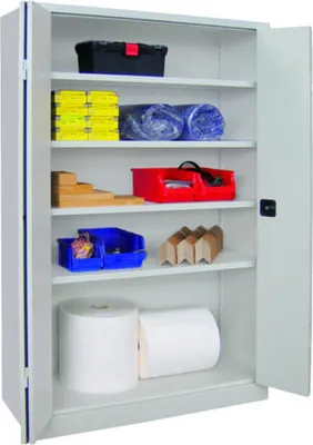 Produktbild von Falttürenschrank - 1.950x1.200x400 mm (HxBxT) - 4 Einlegeböden, verzinkt - Zylinderschloss - himmelblau