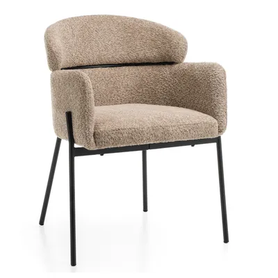 A single upholstered chair with armrests on a white background.