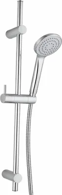 A chrome-plated shower set with a hand shower, hose, and adjustable rail, presented against a white background.
