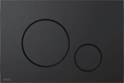 A black toilet flush plate with two circular buttons.