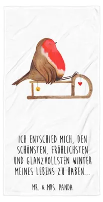 Produktbild von Mr. & Mrs. Panda Strandtuch Rotkehlchen Schlitten - Weiß - Geschenk, Handtuch, Weihnachten, Badehandtuch, Badelaken, Vogel, Reisehandtuch, Duschtuch