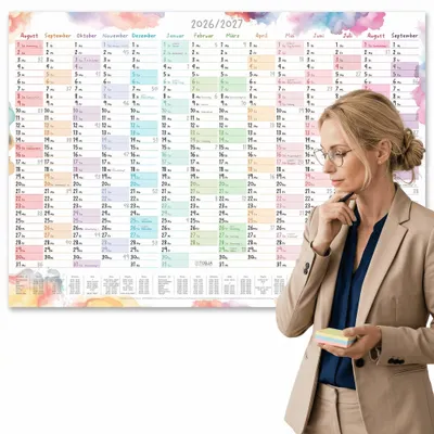 Produktbild von Schuljahreskalender A1 2026/2027 Aquarell Splash – 14 Monate, Ferien & Feiertage DE/AT, beschreibbar Jahresplaner