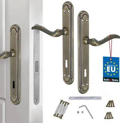 A set of door handles and related hardware displayed against a white background.