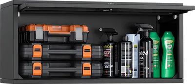 Obrázek produktu pro Dílenská nástěnná skříňka - Nástěnná skříňka na nářadí - Rozměry 77 x 30,5 x 35,6 cm - Zvedací dvířka - Nosnost 54 kg na přihrádku - Montáž na stěnu - Do garáže, sklepa, kuchyně, skladu - Nutná montáž