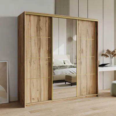 Produktbild von Masseno Schiebetürenschrank VARO 180/205/60 cm Kleiderschrank mit 4 Schubladen Schlafzimmer Schrank 3-türig mit Spiegel Eiche Wotan