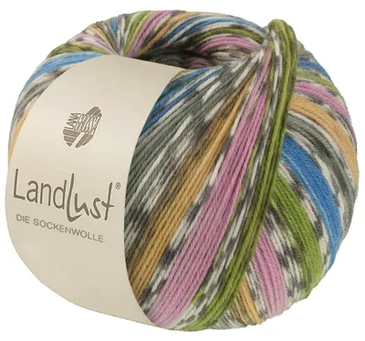 Produktbild von Lana Grossa - Landlust die Sockenwolle 0822 azur graugrün gelb flieder frühlingsgrün rohweiß grau gestreift