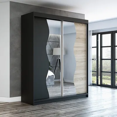 Produktbild von Schwebetürenschrank, 2-türig Schrank RIMA 180 cm (mit Spiegel) (Schwarz / schwarz / sonoma)