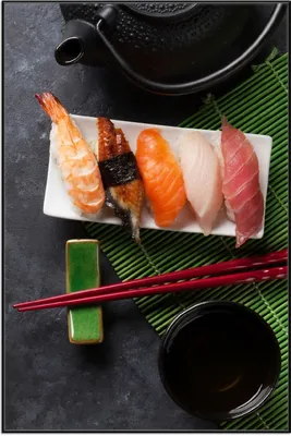 Produktbild von Wallario Wandbild Sushimenu auf Schiefer - Nigiri mit grünem Tee, Größe: 61 x 91,50 cm, Poster mit schwarzem Aluminiumrahmen