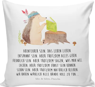 Produktbild von Mr. & Mrs. Panda kuschelkissen 40x40 Igel Federschmuck - Weiß - Geschenk, Dekokissen Sofa, Kuschel Kissen, bedruckt, Zierkissen, Abenteuer, Camping, Lagerfeuer, Tiere
