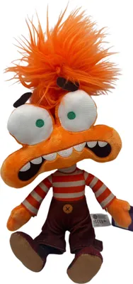 A plush toy of a cartoon character with orange spiky hair, large white eyes, and a striped shirt.