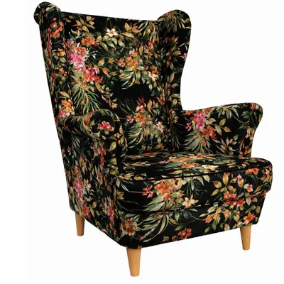Zdjęcie produktu dla Fotel ANMIL, fotel uszny w kolorowy wzór kwiatowy, wymiary: 80 x 103 x 88 cm. Nowoczesny fotel relaksacyjny w kwiatowym motywie, z drewnianymi nogami
