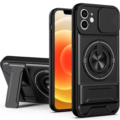 Produktbild von Magnetisch Hülle für iPhone 12 Militär Stoßfest Hülle mit Dia Kameraschutz und Ringhalter Ständer Schwarz