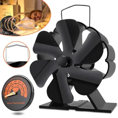 Produktbild von 6 Blatt Ofenventilator, Wärmebetriebener Kaminventilator mit Thermometer, Leiser Betrieb, für Holzofen/Kamin, Energieeffizient