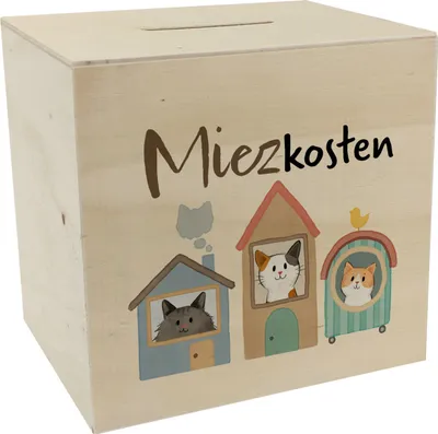 Produktbild von Katzen Spardose aus Holz mit Spruch Miezkosten