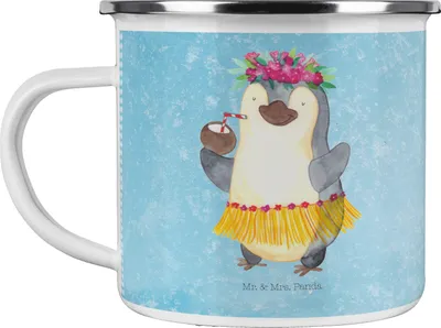 Produktbild von Mr. & Mrs. Panda emaillebecher Pinguin Kokosnuss - Eisblau - Geschenk, Ferien, Teetasse, Haferl, Urlaub, becher emaille, Teebecher, Erholt, Pott, Tasse