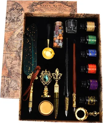 Immagine prodotto di Inktset Ganzenveer - Kit Veer e Inkt - Penna a immersione - Penna a immersione in vetro - 18 pezzi di pennini - 6 pezzi di inchiostro - Particelle di cera laccata a fuoco - Set regalo ideale per la scrittura e il disegno - Verde scuro