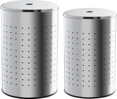 Two silver laundry baskets with perforated sides and lids are shown side-by-side against a white background.