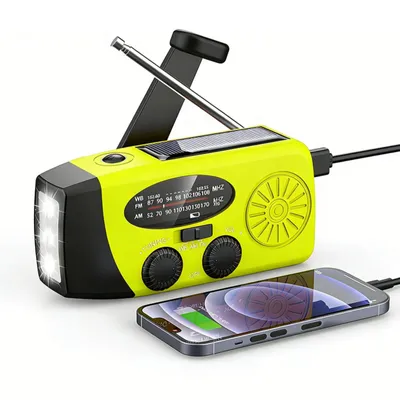 Produktbild von AIORBER Tragbar Notfallradio mit Kurbel, Solar, USB, LED Taschenlampe, AM/FM/WB, 600mAh Powerbank, für Outdoor Camping, Gelb