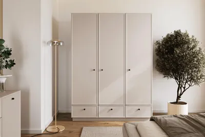 Zdjęcie produktu dla Szafa 150 cm z półkami kaszmir czarne uchwyty Lorini drążek szuflady beżowa