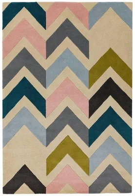 Produktbild von Unyqoos® Reef Chevron Multi – handgetufteter Wollteppich, rechteckig 200×290 cm, niedrigflorig, retro-skandinavisches Mehrfarben-Design