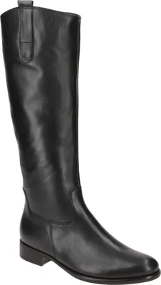 A black leather boot on a white background.