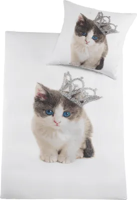 Produktbild von 2-tlg. Katzen Motiv Bettwäsche, 135 x 200 + 80x80cm, weiß, fotorealistischer Druck, Microfaser