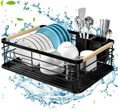 Immagine prodotto di Scarico per lavello - Portaoggetti per piatti - Organizzazione della cucina - Con vaschetta di raccolta - 43x30x14 cm - Nero